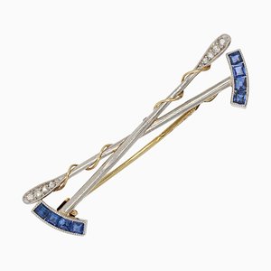 Calibrated Sapphires Diamonds Polo Clubs Platinum Brooch, 1930s