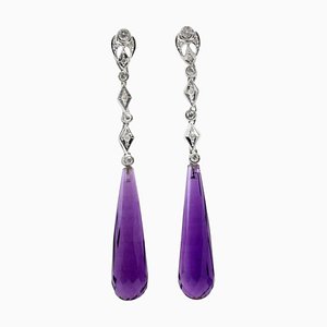 White Gold, Diamond and Hydrothermal Amethyst Stone Drops Earrings, Set of 2