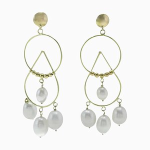 White Pearl and 18 Karat Yellow Gold Drops Pendant Earrings, Set of 2