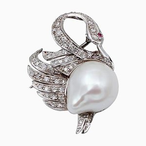 Rubin, Diamant & Perle 14kt Weißgold Schwanförmige Brosche oder Halskette mit Anhänger