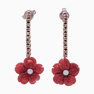 Diamond, Coral Flower, Pearl and 9 Karat Rose Gold Dangle Earrings, Set of 2