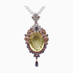 Tsavorites, Citrine, Sapphire, Diamond & Pearl 9kt Rose Gold and Silver Necklace