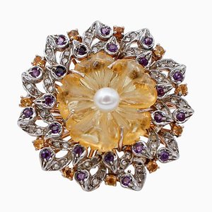 Diamonds,amethysts,yellow Topazes,hard Stone Flower, Pearl, Gold and Silver Ring