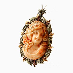 Finely Carved Coral, Ruby & Diamond 9k Rose Gold and Silver Pendant or Brooch
