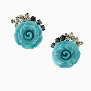 Turquoise Roses, Diamond and Blue Sapphire Earrings, Set of 2
