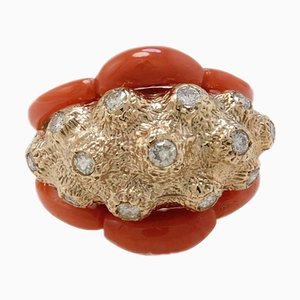 Rose Gold, Diamonds and Coral Dome Ring