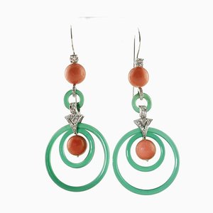 Green Agate, Red Coral Beads, Diamond and 14K White Gold Earrings, Set of 2