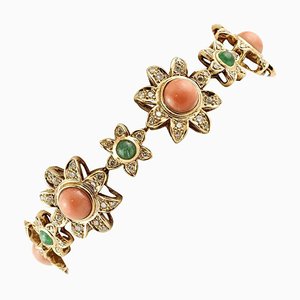 Diamond, Emerald & Coral 14 Karat Rose Gold Flower Bracelet