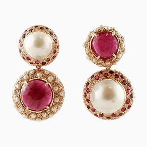South Sea Pearls, Rubies, Diamonds and Rose Gold Dangle Earrings, Set of 2