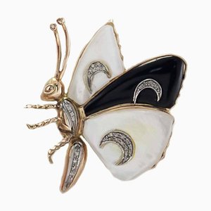 Mother-of-Pearl, Black Agate & Diamond Gold Butterfly Brooch