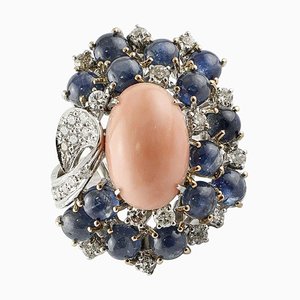 Oval Shaped Pink Coral, Blue Sapphire & Diamond White Gold Enchanting Ring