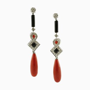 Diamonds, Red Corals, Onyx and 14 Karat White Gold Dangle Earrings, Set of 2