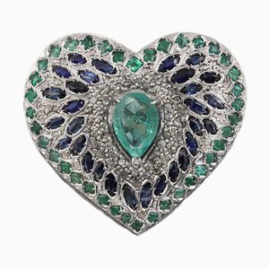 Luise Blue Sapphire, Emerald and Diamond Heart Ring