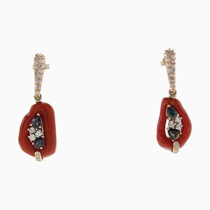 Diamonds, Blue Sapphires, Emeralds, Red Corals and Rose Gold Dangle Earrings, Set of 2
