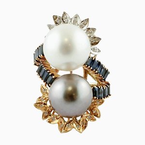 Large White and Grey Pearl, Diamond & Sapphire 14kt White, Rose, and Yellow Gold Ring