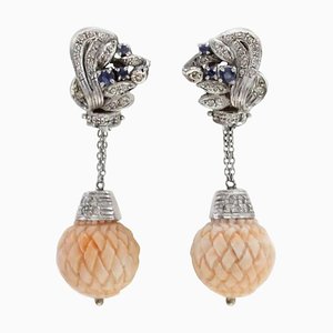 Diamonds, Blue Sapphires, Engraved Pink Coral Spheres and14K White Gold Clip-on Earrings, Set of 2