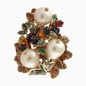 Ruby, Sapphire, Topaz, Pearl, Diamond, Silver & Gold Cluster Ring
