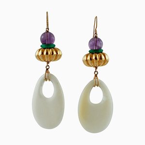 Amethyst, Green and White Agate and 18K Yellow Gold Dangle Earrings, Set of 2