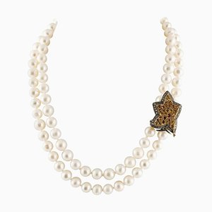 Handcrafted Beaded Necklace with Diamond, Topaz, Pearl, White & Rose Gold and Silver