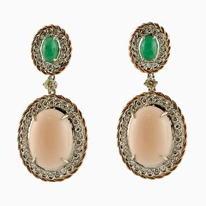 Handcrafted Earrings Diamond, Emeralds, Oval Shape Pink Coral and 14 Karat Rose and White, Set of 2