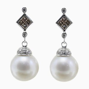 Handcrafted 5.20 G Australian White Pearls,1.48 Ct Brown Fancy Diamonds and White Gold Earrings, Set of 2