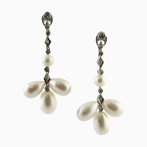 Handcrafted Chandelier Earrings with 9 G White Pearls, 0.45 Carat White Diamond and White Gold, Set of 2