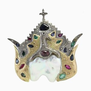 Handcrafted Brooch or Pendant with Gold, Silver, Diamond, Ruby, Emerald, Sapphire & Baroque Pearl