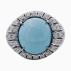 Handcrafted 14 Karat White Gold, Turquoise and Diamond Ring