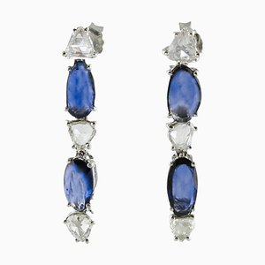 Handcrafted Dangling Sapphire, Diamonds and White Gold Earrings, Set of 2