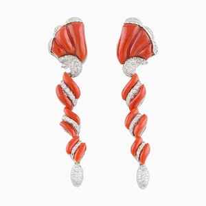 Handcrafted Spiral Clip-on Engraved Red Coral, White Diamonds and 14K White Gold Earrings, Set of 2