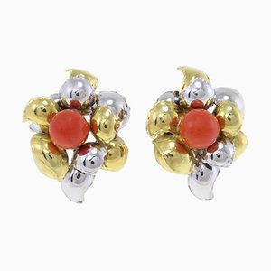 Handgefertigte Ohrclips aus roten Korallen, 18 Karat Weiß- und Gelbgold, 2er Set