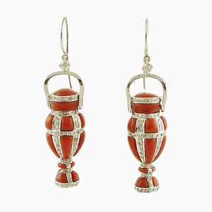 Handcrafted Amphoras-Shape Dangle Earrings with Red Coral, Diamonds and 14 Karat White Gold, Set of 2