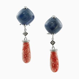 Handcrafted Diamonds, Engraved Flower Theme Coral, Kyanite and 14K White Gold Earrings, Set of 2