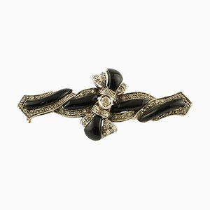 Handcrafted Cross Brooch with Diamonds, Onyx, 14 Karat Rose Gold and Silver