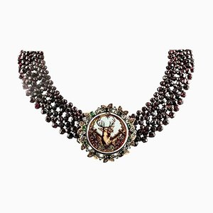 Garnet Multi-Strand Necklace with Diamonds, Emeralds & Painted Hard Stone