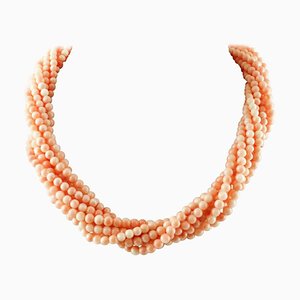 Intertwined Pink Coral Bead Necklace with 18K Yellow Gold Closure