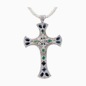 Blue Sapphire, Emerald, Diamond, 9 Karat Yellow Gold and Silver Cross Pendant