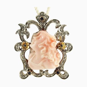 14K Rose Gold and Silver Pendant or Brooch with Engraved Face on Pink Coral, Diamonds & Sapphires