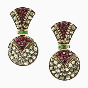 Handcrafted Diamonds, Rubies, Emeralds, Rose Gold and Silver Earrings, Set of 2