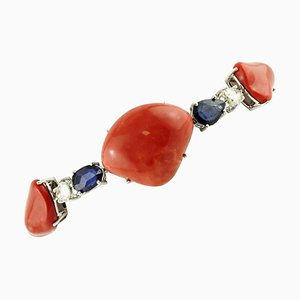 Handcrafted Link Bracelet with Corals, Diamonds, Blue Sapphires & 14 Karat White Gold