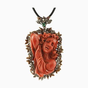 Rose Gold & Silver Pendant with Engraved Face on Red Coral, Diamonds, Emeralds and Rubies