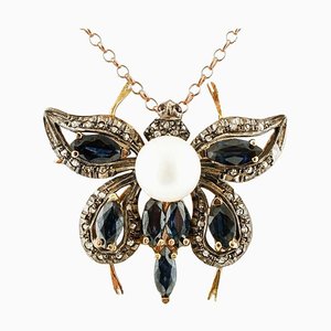 Handgefertigter Schmetterling Anhänger oder Brosche aus Diamanten, Blauen Saphiren, Perlen, 14 Karat Roségold und Silber