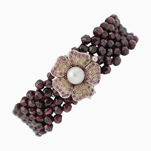 Handcrafted Bracelet with Rubies, Garnets, 9 Karat Rose Gold and Silver