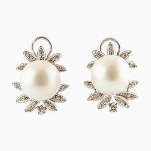 Handcrafted Clip-on Earrings with Diamonds, White Pearls & 14 Karat White Gold, Set of 2