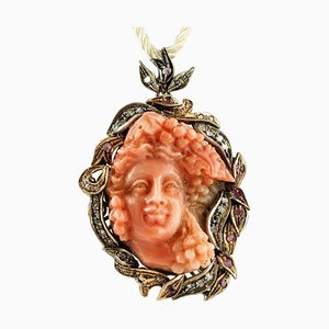Rose Gold and Silver Pendant or Brooch with Diamonds, Rubies & Engraved Orange Coral