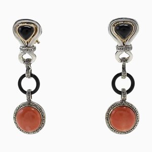 Diamonds, Onyx, Red Coral Buttons, 14K Rose Gold and Silver Dangle Earrings, Set of 2