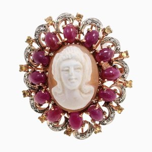 Gold, Silver, Diamond, Ruby & Topaz Cameo Cocktail Ring