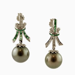 Diamonds, Emeralds, Grey Pearls and 18 Karat White Gold Dangle Earrings, Set of 2
