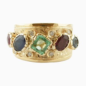 Diamond, Sapphire, Ruby, Emerald & Yellow Gold Band Ring