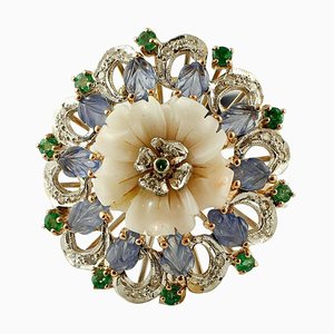 Vintage 14K Ring aus Weiß- und Roségold mit Koralle, Saphiren, Smaragden & Diamanten